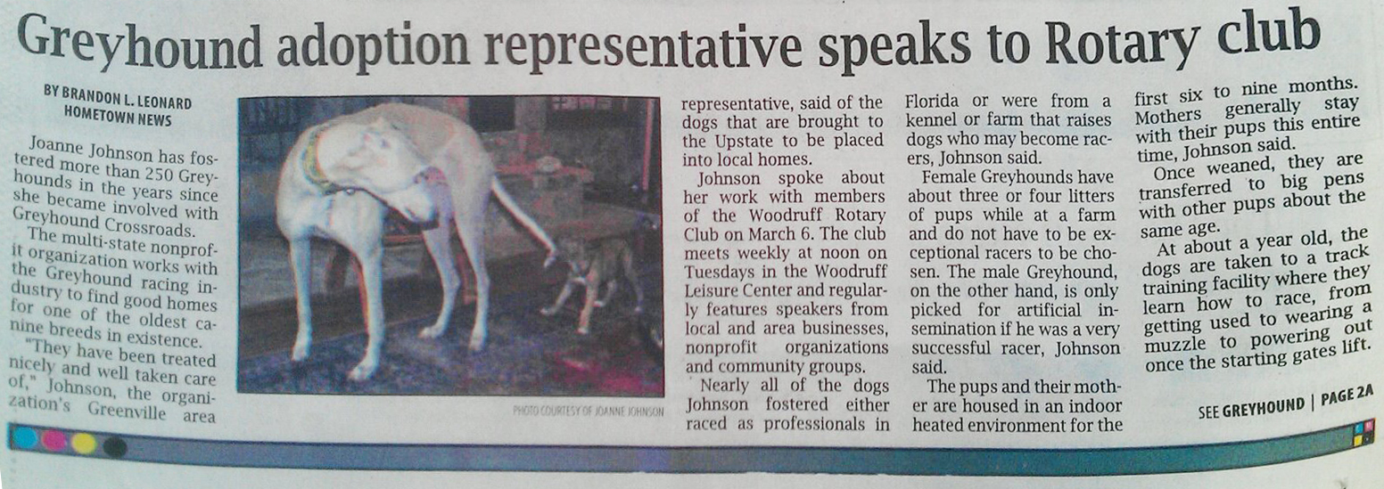 Joanne Johnson Woodruff Rotary Club Greyhound Presentation
